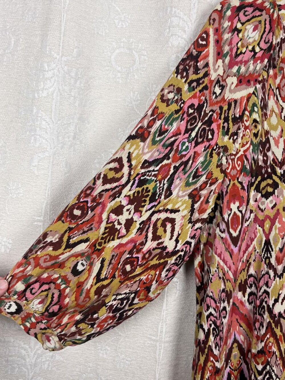 Zara ikat swirl caftan maxi dress side slit flowy boho colorful linen blend L - Picture 5 of 9